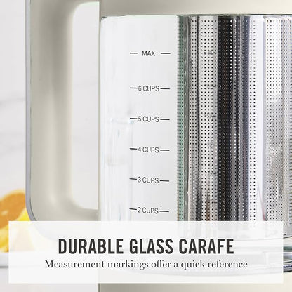 Martha Stewart Electric Kettle with Removable Stainless Steel Tea Infuser, Glass Carafe 1.7L (7 Cups), Hot Water Boiler, 4 Presets, Keep Warm & Auto Shut-Off, Cordless 360° Swivel Base, Linen Cream