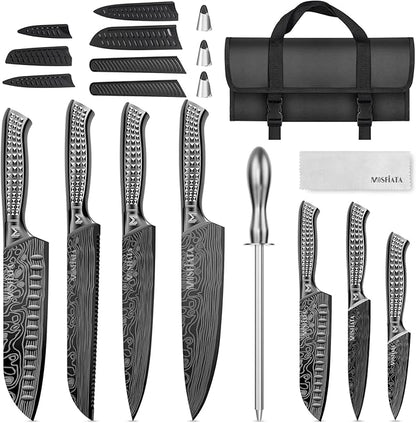 MOSFiATA Kitchen Knife Set, 12Pcs Japanese Stainless Steel Knife Sets for Kitchen with Oxford cloth storage bag with Knife Sharpening Rod, Dishwasher Safe, For Outdoor(grey)
