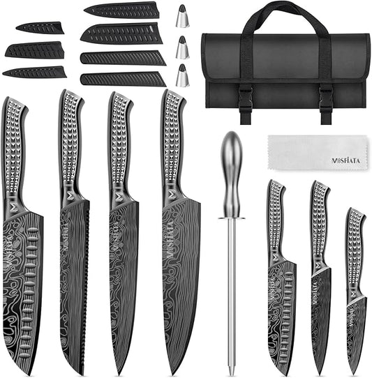 MOSFiATA Kitchen Knife Set, 12Pcs Japanese Stainless Steel Knife Sets for Kitchen with Oxford cloth storage bag with Knife Sharpening Rod, Dishwasher Safe, For Outdoor(grey)