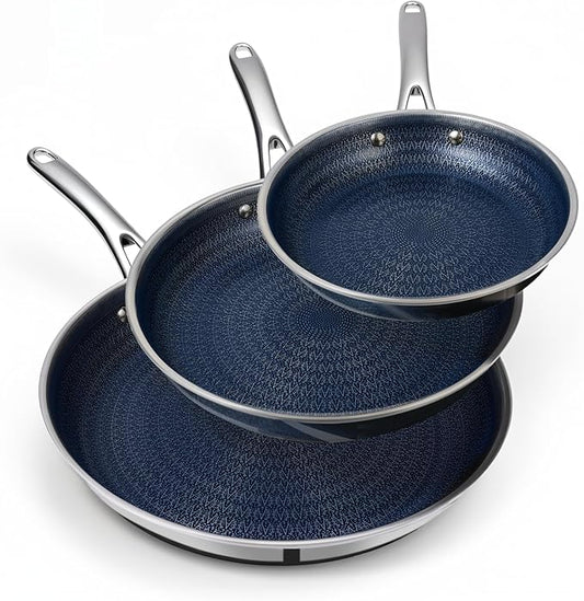 Ammeloo Hybrid Tri-Ply Stainless Steel Frying Pans Set, 8"/9.5"/11" Cooking Pans, Non Stick Frying Pans and Skillets, Chef Pan, Non Toxic, Dishwasher Safe, Induction Compatible, Blue Interior