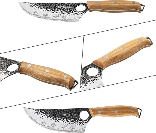 3PCS Butcher Knife, 7" Meat Cleaver, 7" Serbian Chef and 6.5" Viking, Hand Forged Butcher Knife Set with Wooden Handle, Geat for Home, Camping, BBQ (Unique Pattern)