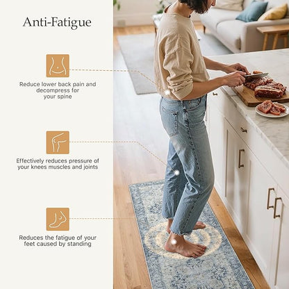 GENIMO Kitchen Mats for Floor 2PCs, Washable Anti Fatigue Mat for Cushioned, 17.3"x59"+17.3"x30", Waterproof Kitchen Rugs, Non Slip Foam Standing Mat Rug for Home, Sink, Office, Laundry, Light Blue