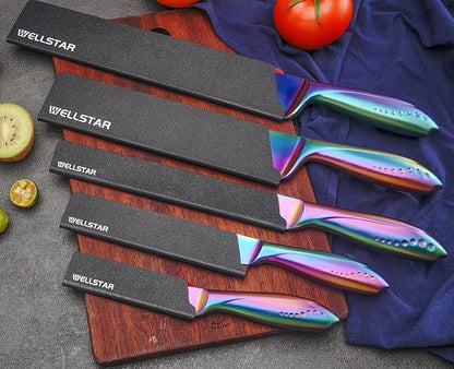 WELLSTAR Knife Edge Guards Set, 5 Piece Universal Blade Covers, BPA Free ABS Protective Blade Sheaths, Non-Scratch Felt Lining Kitchen Knives Covers (Knives not included)