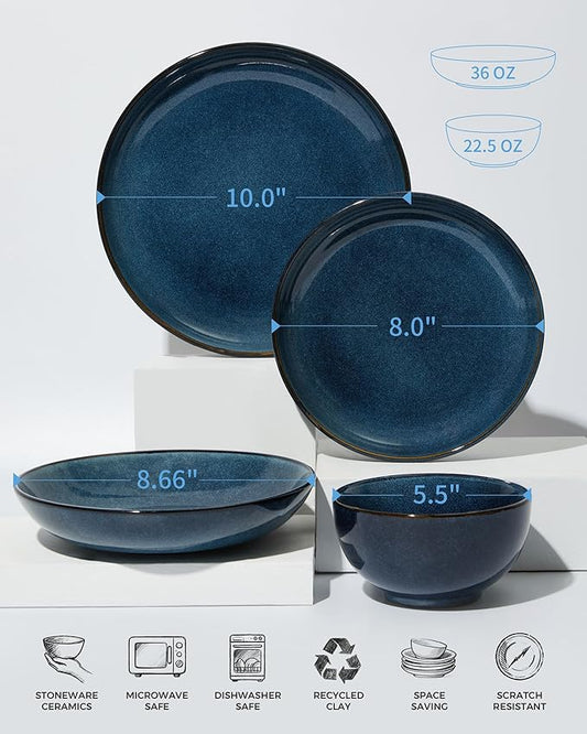 Pokini 16 Piece Double Bowl Dinnerware Sets with Pasta Bowls, Highly Chip and Crack Resistant Plates and Bowls Sets, Natural Earthyware Ceramic Dishware Sets, Service for 4 Starry Blue