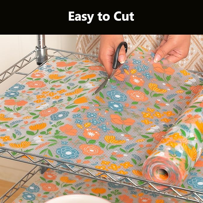 INNOLITES Shelf Liner for Kitchen Cabinets, Non-Adhesive Drawer Liner, Waterproof Washable EVA Floral Pattern, Protect Dresser Cupboard Refrigerator Shelves (Honey Coral Blue, 11.8" x 360")