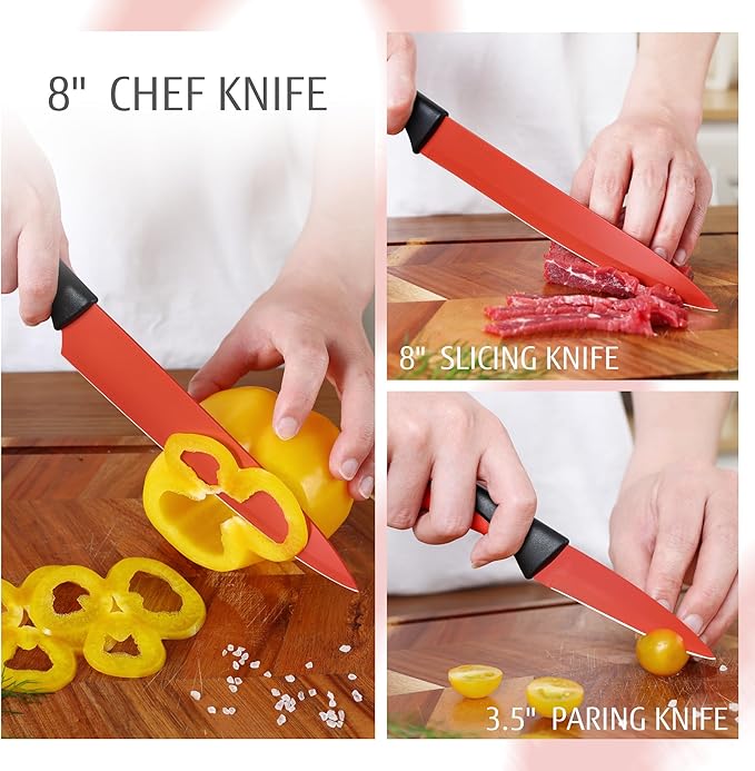 hecef 14 Pieces Kitchen Knife Set with Built-in Sharpening Wooden Block, Dishwasher Safe, High Carbon Stainless Steel Knife Block Set with Steak Knives, Kitchen Scissors (Red)