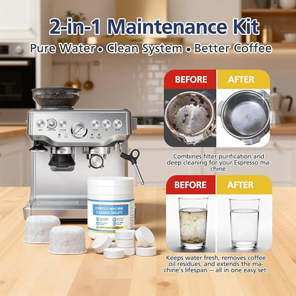 Cleaning Tablets and Water Filters for Breville Espresso Machines, Cleaning Kit for Breville - 60 Count 2g Espresso Machine Tablets and 8 Water Filters - 16 Months Supply