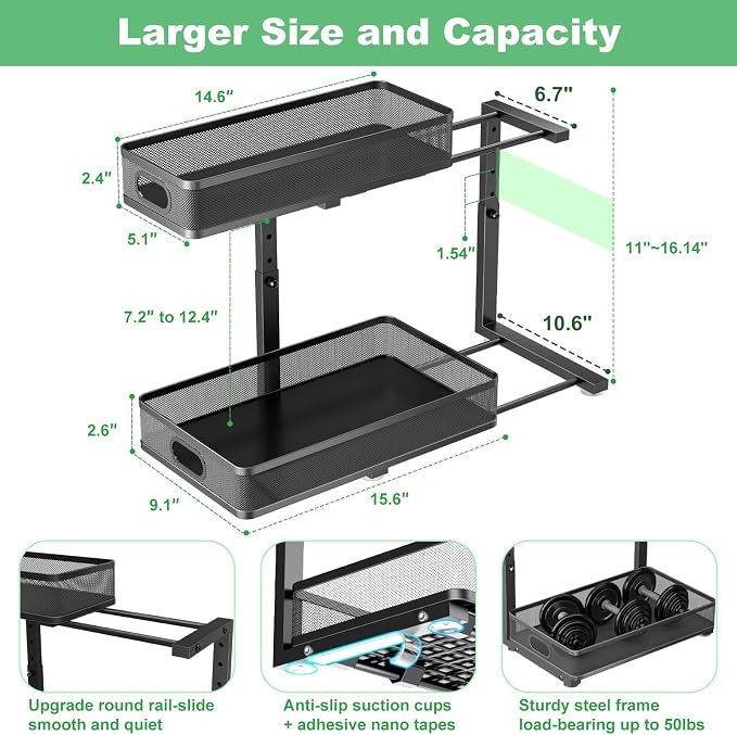 Under Sink Organizer, High Adjustable 2 Tier Under Sink Organizers and Storage, Slide out Metal Cabinet Organizers, Pull out Storage Drawer Shelf for Kitchen Bathroom Cabinet (1, Black)