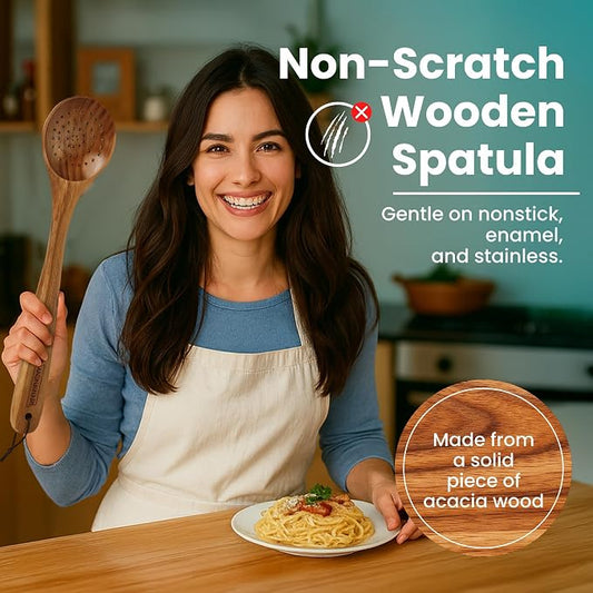 18 Inch Long Wooden Slotted Spoon for Cooking, Acacia Wood Spoon with Holes (Slotted Spoon)