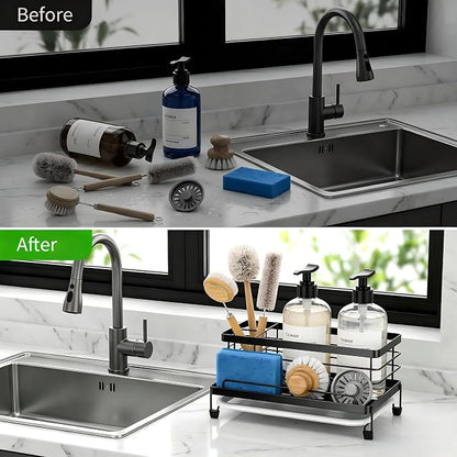 Cisily Black Sponge Holder for Kitchen, Sink Caddy Sink Organizer Rack for Kitchen Accessories with Drip Tray, Rustproof and Non-slip, Soap Dispenser Countertop Organizer Essentials for New Home