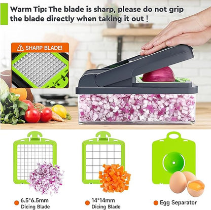 MealHelper 12-in-1 Vegetable Chopper, 7 Blade Veggie Chopper, Practical Food Chopper with Container, Cheese Grater, Home Essentials & Kitchen Gadgets(Green/Grey)