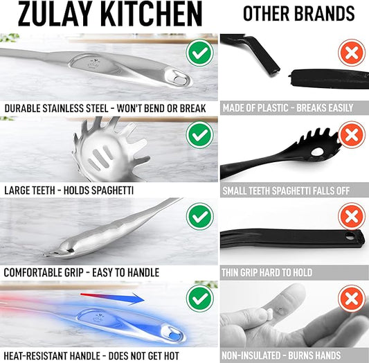 Zulay Kitchen Stainless Steel Pasta Spoon - 12” Spaghetti Server with Teeth & Draining Holes - Rust-Resistant Pasta Fork for Noodles & Pasta - Dishwasher Safe Utensil for Everyday Use