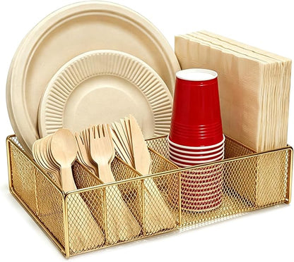 Paper Plate Organizer for Countertop - Metal Utensil Caddy Silverware Holder Cutlery Flatware Plastic Spoon Fork Plates Napkins Cup Storage Dispenser Party Picnic Essentials Camping Gold