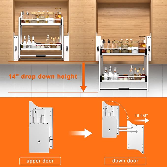 2-Tier Pull Down Shelf Organizer for Upper Cabinets - Fits 22-24 Inch Wide Upper Cabinets, Heavy Duty Chrome Steel, Space Saving Storage Solution,white