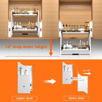 2-Tier Pull Down Shelf Organizer for Upper Cabinets - Fits 22-24 Inch Wide Upper Cabinets, Heavy Duty Chrome Steel, Space Saving Storage Solution,white