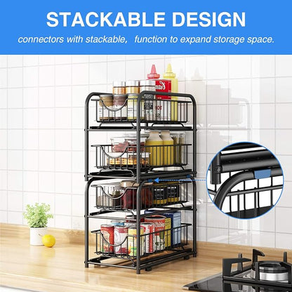 Pull-out Cabinet Organizer, Stackable 2-tier Under Sink Rack, with Sliding Storage Drawer for Pantry, and Desktop, for Bathroom, Kitchen, Office, Black