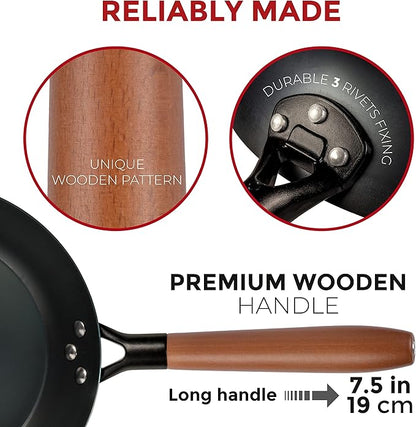 YOSUKATA 10 1/4" Carbon Steel Frying Pan – Non-Toxic Pre-Seasoned Skillet with Removable Wooden Handle – Coating-Free Wok-Style Pan for Gas, Induction, Electric, Oven & Grill BBQ