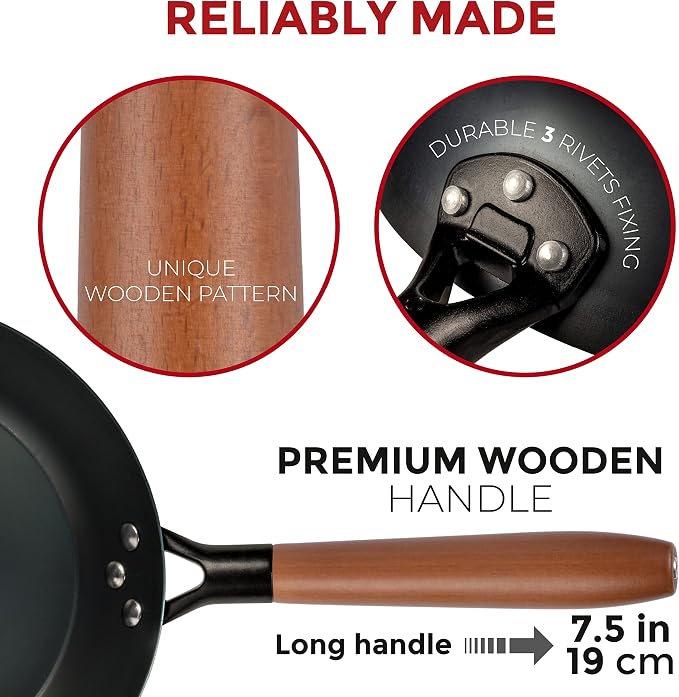 YOSUKATA 11.8" Carbon Steel Frying Pan – Non-Toxic Pre-Seasoned Skillet with Removable Wooden Handle – Coating-Free Wok-Style Pan for Gas, Induction, Electric, Oven & Grill BBQ