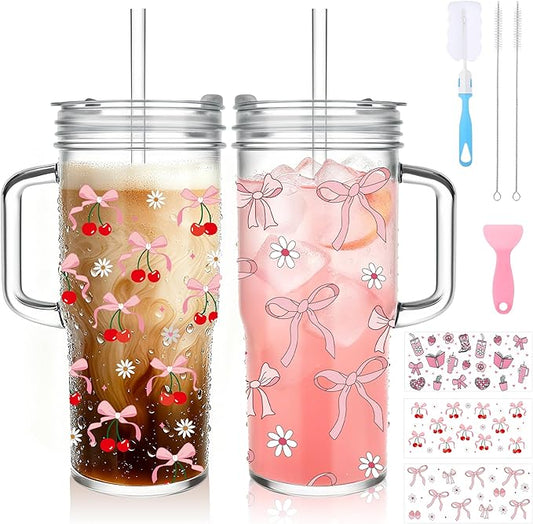 Birity 24oz Pink Bow Glass Cups with Lids and Straws,2 Set Glass Tumbler with Handle,Galss Cup with Stickers and Aesthetic Iced Coffee Cup for Smoothies,Tea,Juice,Boba,Christmas