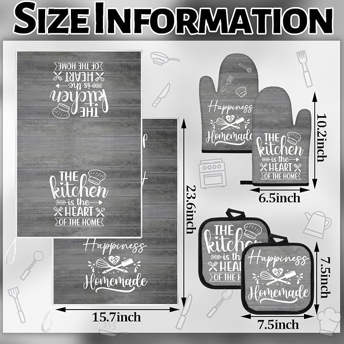 Sratte 6 Pcs Kitchen Decor Accessories Set Farmhouse Towels Pot Holders Oven Mitts Set 2 Dish Towels 2 Potholders 2 Cooking Mittens Oven Glove for Christmas Baking Cooking (Dark Gray)