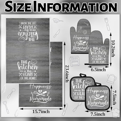 Sratte 6 Pcs Kitchen Decor Accessories Set Farmhouse Towels Pot Holders Oven Mitts Set 2 Dish Towels 2 Potholders 2 Cooking Mittens Oven Glove for Christmas Baking Cooking (Dark Gray)