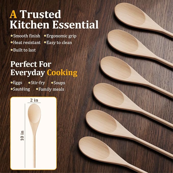 Wooden Spoons for Cooking, MORGLES 10-Inch Serving Spoons for Stirring Mixing Serving Long Handle Plastic Free Reusable Non Scratch Dishwasher Safe, 5PCS