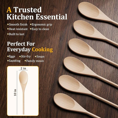 Cooking Wooden Spoons, MORGLES 10-Inch Serving Spoons for Stirring Mixing Serving Long Handle Plastic Free Reusable Non Scratch Dishwasher Safe, 3PCS