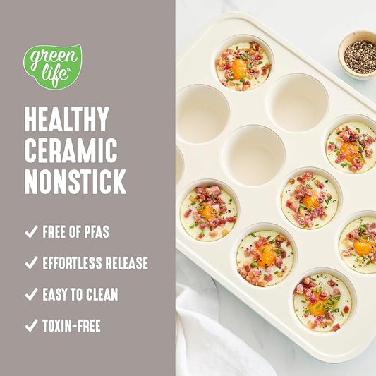 GreenLife 12-Cup Muffin Pan, PFAS-Free Healthy Nonstick Baking Tray, 11.4" x 1.9" x 15.9", Durable Ceramic Bakeware, Cupcakes, Egg Bites, Tarts, Brownies, Taupe