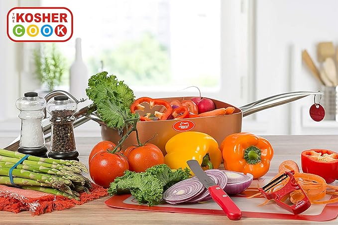 The Kosher Cook Meat Red Dairy Blue Kitchen Knife – 4.5” Steak and Vegetable Knife - Razor Sharp Curved Tip, Straight Edge - Color Coded Kitchen Tools