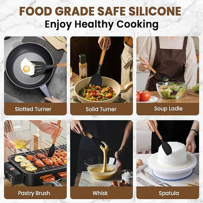 Kitchen Utensils Set - 12 Pcs Silicone Cooking Utensils Set with Wooden Handle - Heat Resistant Non-Stick BPA Free Spatula Set,Turner, Spoon, Brush, Silicone Kitchen Gadgets Utensil Set