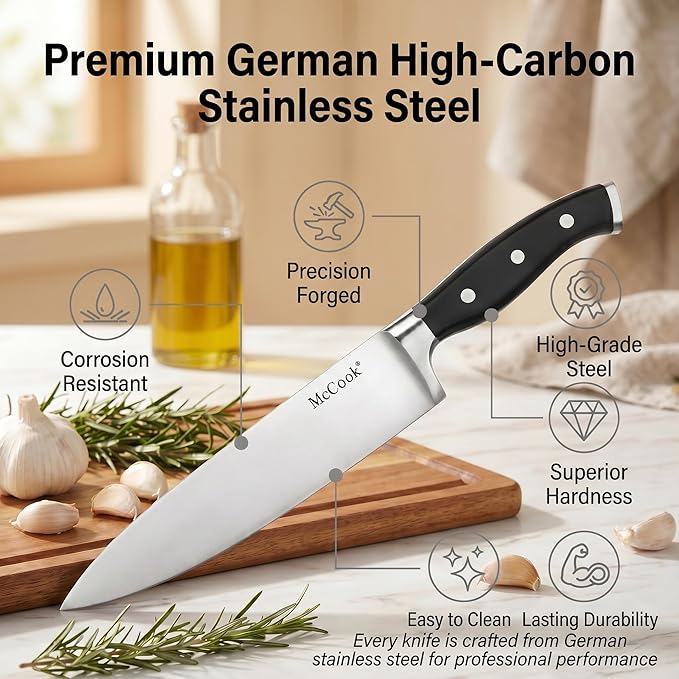 McCook® Knife Sets, German Stainless Steel Forged Kitchen Knives Block Set with Built-in Knife Sharpener