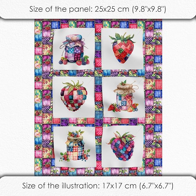 Patchwork Berry Jar Cotton Fabric Panel – 6 Designs (10×10 inch Each) + Bonus Sheet 29.5×19.6 inch, 100% Cotton 140 GSM, Made in Türkiye
