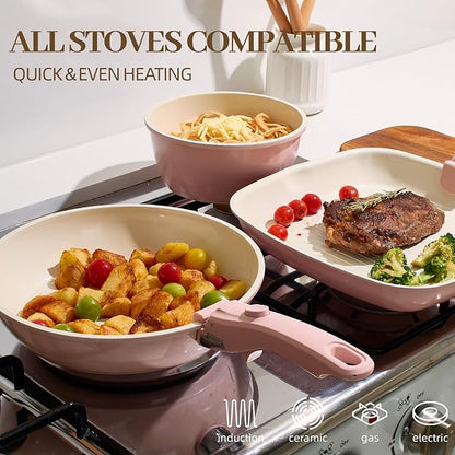 Ceramic Cookware Set Non Stick 23Pcs Pots and Pans Set Non Toxic with Detachable Handle Induction Kitchen Cookware Set Space Saving, Oven & Dishwasher Safe, Pink