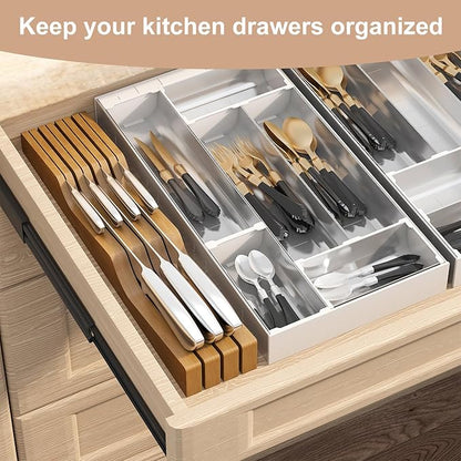 In-Drawer Knife Block Organizer - Bamboo Wood Drawer Knife Organizer-Protecting Knife Organizer Block (Not Included) (Brown, 7 Knives Dock)