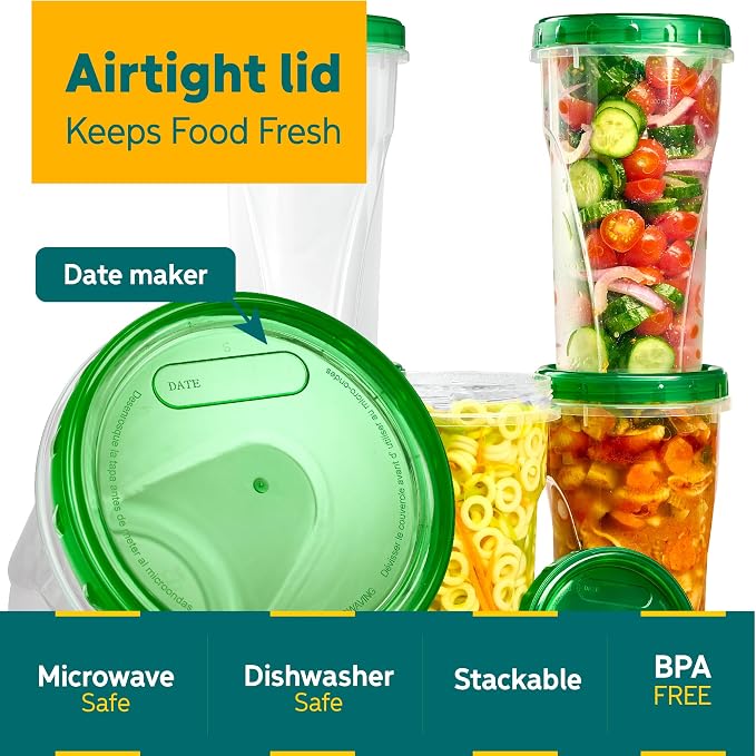 PLASTICPRO 6 Pack Twist Cap Food Storage Containers with Green Screw on Lid- 48 oz Reusable Meal Prep Containers - Large Freezer Containers Microwave Safe Green Plastic Food Storage