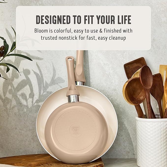 GreenLife 2-Piece Nonstick Frying Pan Set, 8” & 10” Skillets, Non-Toxic Ceramic Cookware, Dishwasher Safe, Stay-Cool Handles, Induction Ready, Fast Heating, Omelet Pan, PFAS Free, Beige Taupe