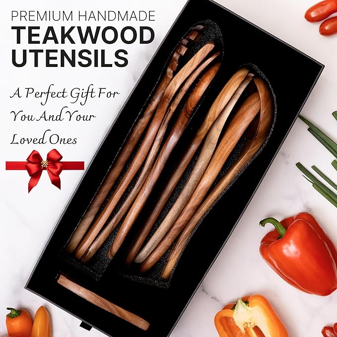 Wooden Kitchen Utensil Set, 9-Piece Teak Wood Cooking Spoons-Heat-Resistant, Non-Scratch, Durable Kitchen Tools, Perfect Cooking Gift