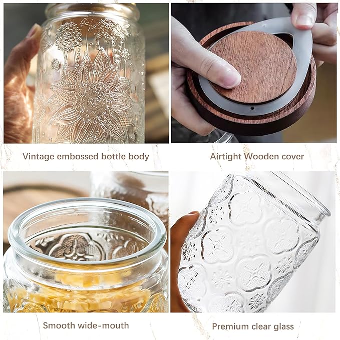 Custde Glass Storage Jars with Airtight Bamboo Lid, 35 FL oz - Decorative Food Canisters for Kitchen Counter, Ideal for Sugar, Coffee, Tea, Candy, Cookies (35oz Large Sunflower)