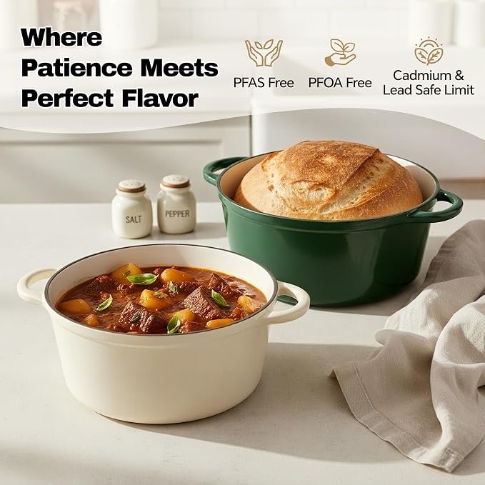 6 Quart Dutch Oven Pot with Lid, Non Stick Enameled Cast Iron Dutch Oven for Bread Baking, Heavy-Duty, Oven Safe Ceramic Cookware Up to 500°F for Baking, Braising, Stews, Roasting, Beige