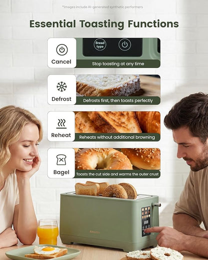4 Slice Toaster, Long Slot Touch Screen Retro Toaster with Digital Countdown, Extra-Wide Slots for Bagels & Bread, 6 Browning Levels, 5 Bread Modes, Defrost Reheat Cancel, Stainless Steel