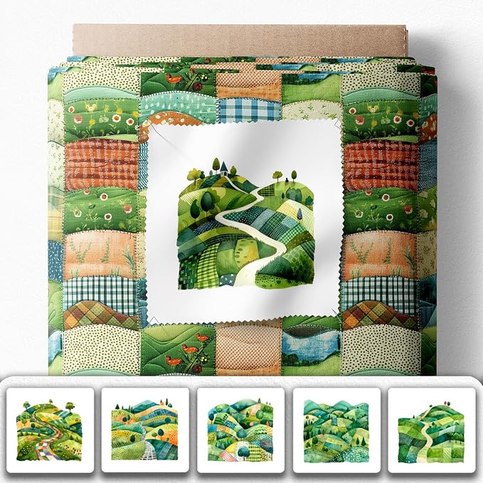 Patchwork Green Hills Cotton Fabric Panel – 6 Designs (10×10 inch Each) + Bonus Sheet 29.5×19.6 inch, 100% Cotton 140 GSM, Made in Türkiye
