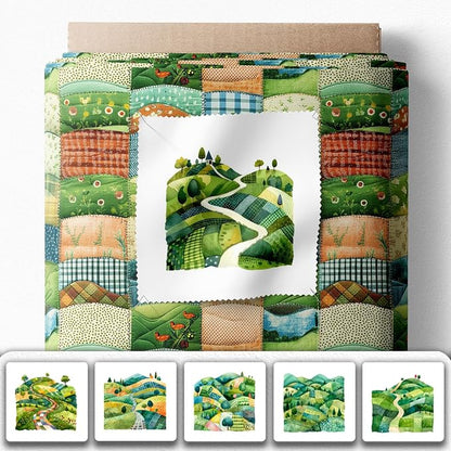 Patchwork Green Hills Cotton Fabric Panel – 6 Designs (10×10 inch Each) + Bonus Sheet 29.5×19.6 inch, 100% Cotton 140 GSM, Made in Türkiye