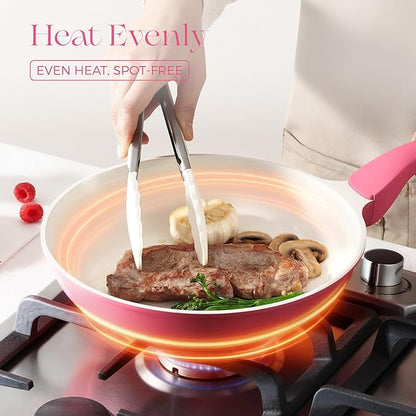 PRICUSIS Nonstick Ceramic Frying Pan, 8/10 Inch Skillet with Stay Cool Handle, Fully Coated, Induction Compatible, 100% Dishwasher Safe, PTFE PFAS & PFOA Free（8 Inch, Raspberry Red）