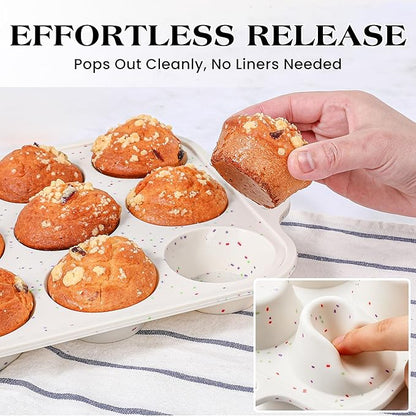 3 Pcs Silicone Baking Pan Set with Metal Reinforced Frame- Including Mini Loaf Pan, Standard Muffin Pan and Mini Muffin Pan（Cream）