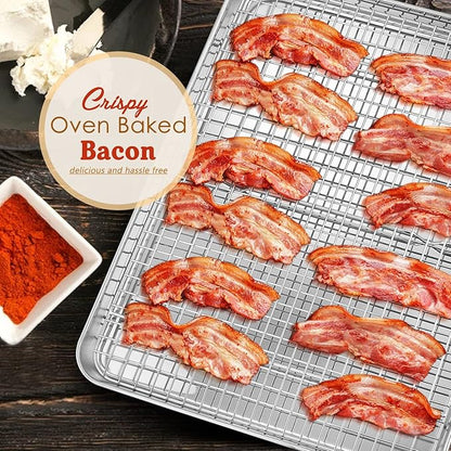 Half Sheet Baking Pan with Rack Set, E-far 18”x13” Cookie Sheet for Oven, Rimmed Stainless Steel Tray with Wire Cooling Rack for Cooking Roasting Resting Bacon Meat Steak - Dishwasher Safe