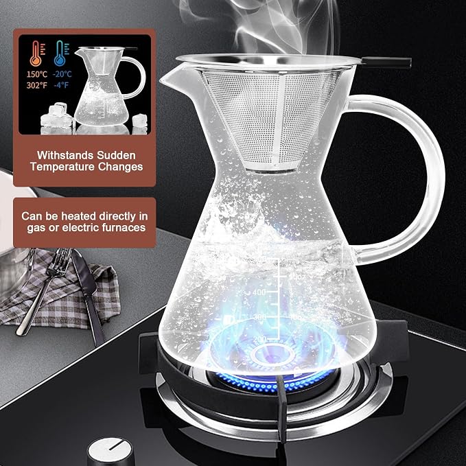 17oz/500ML Glass Pour Over Coffee Maker & Stainless Filter | Double Stainless,Thickened Heat-Resistant Borosilicate Glass,Plastic Free Pour Over Coffee Dripper for Home,Camping