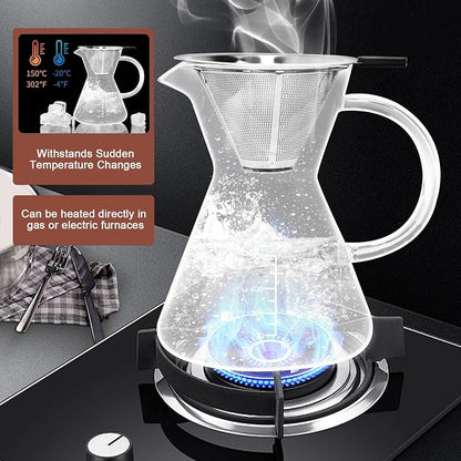 17oz/500ML Glass Pour Over Coffee Maker & Stainless Filter | Double Stainless,Thickened Heat-Resistant Borosilicate Glass,Plastic Free Pour Over Coffee Dripper for Home,Camping