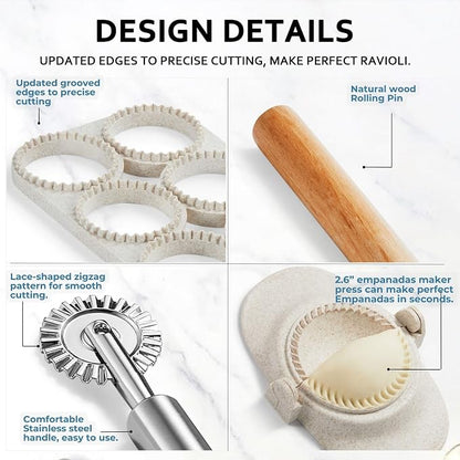 Ravioli Maker Press, Ravioli Press Mold Set - Round Ravioli Stamp Maker Cutter with Wood Rolling Pin, 2.6" Empanada Maker Press Kit and Ravioli Wheel, Makes 8 Ravioli