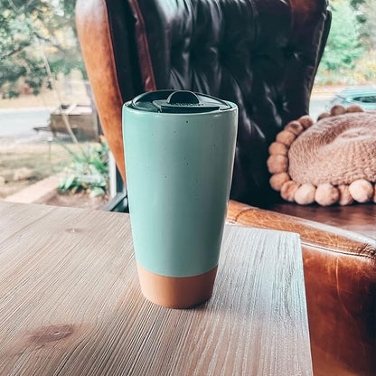 Mora Double Wall Ceramic Coffee Travel Mug with Lid, 14 oz, Portable, Microwave, Dishwasher Safe, Insulated Reusable Tall Cup, Splash Resistant Lid - To Go Tumbler for Car Cup Holder, Seafoam
