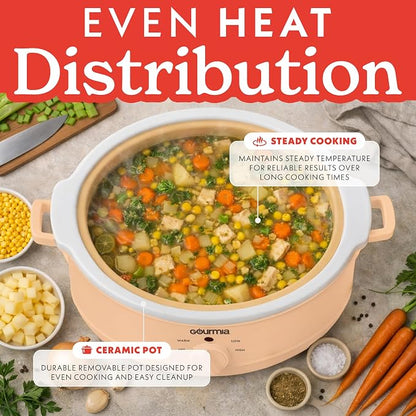 Gourmia Slow Cooker - 7 Quart Removable Ceramic Pot, Manual Controls with 3 Temperature Settings, Dishwasher Safe Crock and Glass Lid, Pink